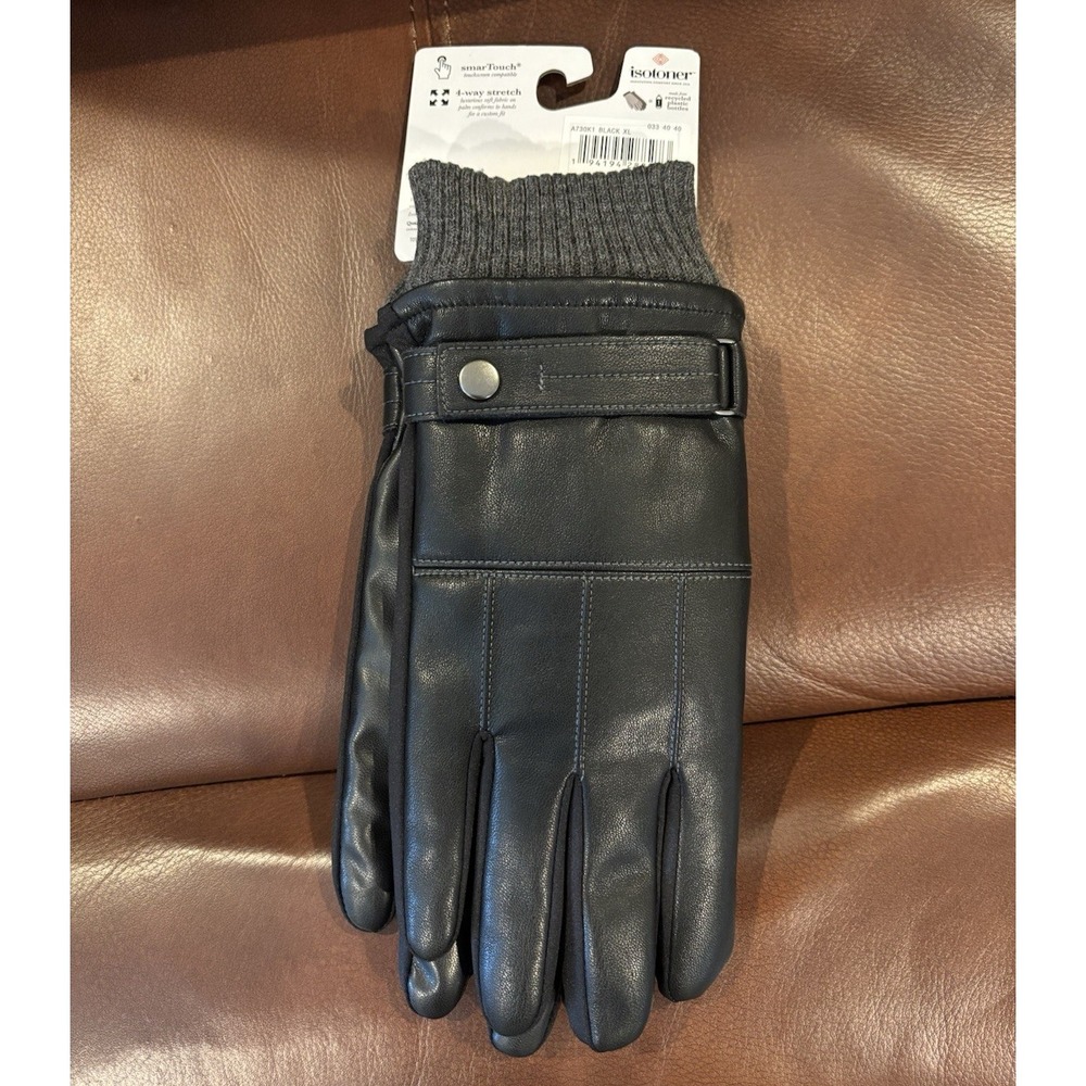 Isotoner Men Black Faux Leather SlipOn Touchscreen Winter Cold Weather Gloves XL